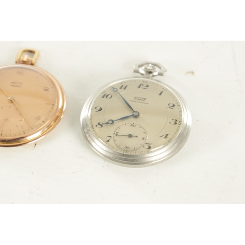 382 - TWO ART DECO OPEN FACED POCKET WATCH the steel cased watch signed Tissot with silvered dial fronting... 