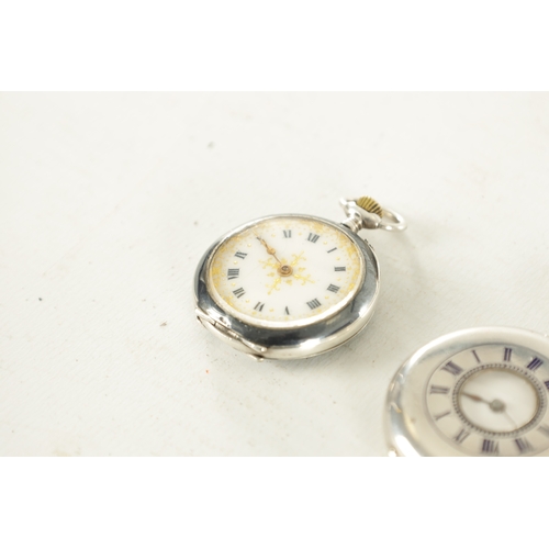 383 - TWO SILVER CASED FOB WATCHES a half hunter with enamel dial fronting a keyless wound spring driven m... 