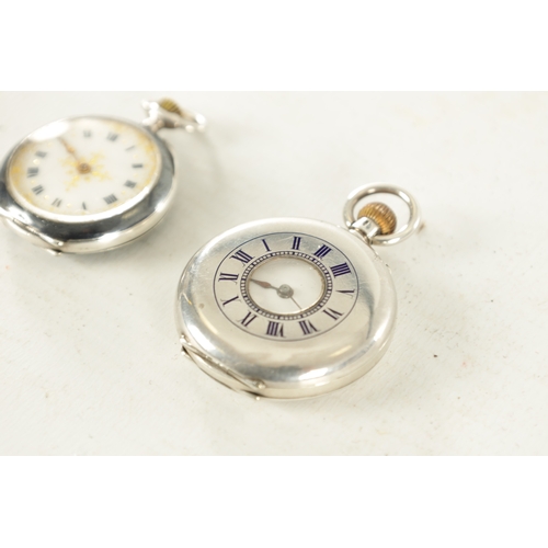 383 - TWO SILVER CASED FOB WATCHES a half hunter with enamel dial fronting a keyless wound spring driven m... 