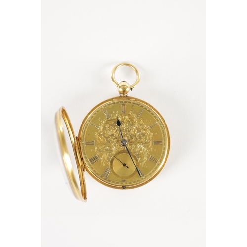 386 - AN 18CT GOLD OPEN FACED POCKET WATCH, the case missing the back cover enclosing a gild foliate engra... 