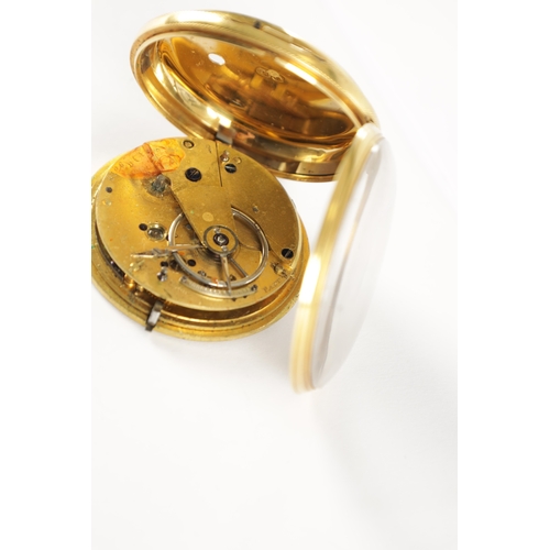 386 - AN 18CT GOLD OPEN FACED POCKET WATCH, the case missing the back cover enclosing a gild foliate engra... 