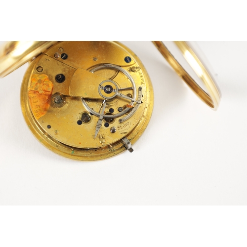 386 - AN 18CT GOLD OPEN FACED POCKET WATCH, the case missing the back cover enclosing a gild foliate engra... 