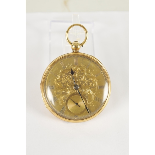 386 - AN 18CT GOLD OPEN FACED POCKET WATCH, the case missing the back cover enclosing a gild foliate engra... 