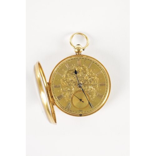 386 - AN 18CT GOLD OPEN FACED POCKET WATCH, the case missing the back cover enclosing a gild foliate engra... 