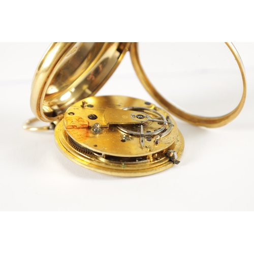 386 - AN 18CT GOLD OPEN FACED POCKET WATCH, the case missing the back cover enclosing a gild foliate engra... 