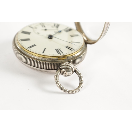 387 - WILLIAM BROAD, LONDON. A SILVER CASED OPEN FACED POCKET WATCH, plain case of high quality enclosing ... 