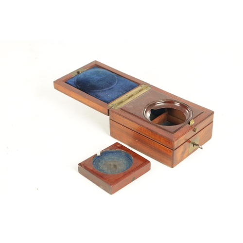 391 - A 19TH CENTURY MAHOGANY POCKET WATCH HOLDER with a hinged top and lift-out holder. (9cm wide 11cm de... 