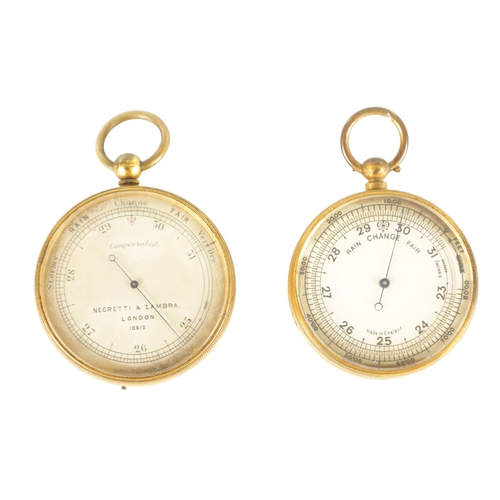 394 - TWO GILT BRASS CASED POCKET BAROMETERS, one in the originally Moroccan leather case, the other signe... 