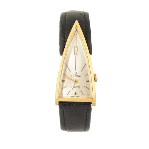 395 - A 1960’S ORFINA ROCKET SHAPED GOLD PLATED WRISTWATCH, on leather strap, the stylish triangular case ... 