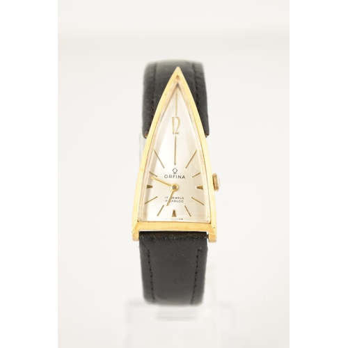 395 - A 1960’S ORFINA ROCKET SHAPED GOLD PLATED WRISTWATCH, on leather strap, the stylish triangular case ... 