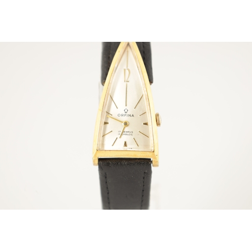 395 - A 1960’S ORFINA ROCKET SHAPED GOLD PLATED WRISTWATCH, on leather strap, the stylish triangular case ... 