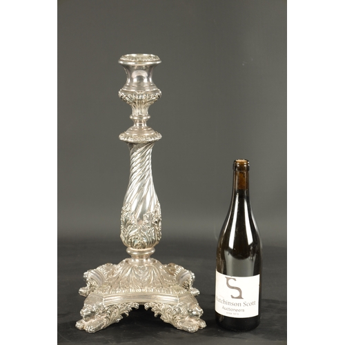 403 - A LARGE 19TH CENTURY SILVER PLATED CANDLESTICK / CENTREPIECE with elaborate leaf-carved decoration, ... 