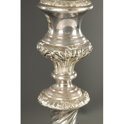 403 - A LARGE 19TH CENTURY SILVER PLATED CANDLESTICK / CENTREPIECE with elaborate leaf-carved decoration, ... 