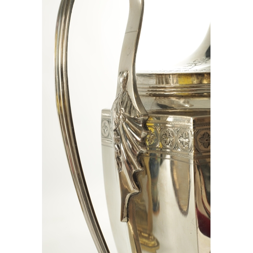 406 - A GEORGE III ADAM DESIGN SILVER TEA URN the concave panelled tapering body with raised ribbed leaf c... 