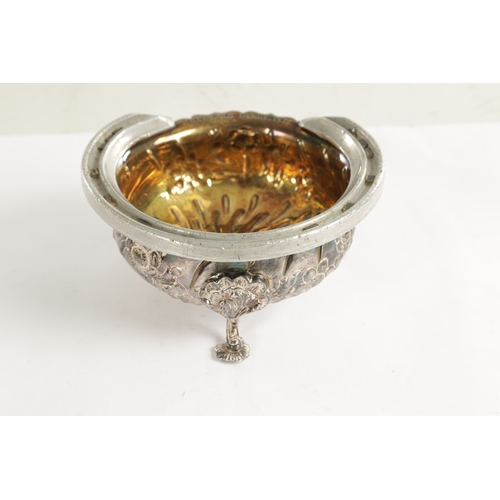 408 - A 19TH CENTURY .925 HALLMARKED SILVER SHALLOW BOWL OF HORSE RACING INTEREST a flower head embossed d... 