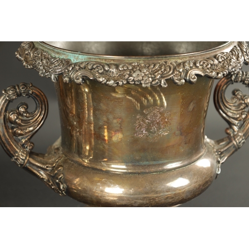 409 - THREE PIECES OF 19TH CENTURY SILVER-PLATED WARE comprising of an ice bucket, lidded jug and a tankar... 