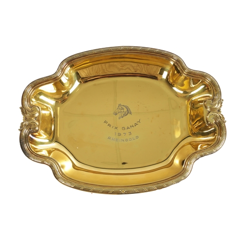 422 - A PUIFORCAT PARIS SILVER GILT PRESENTATION DISH the centre engraved with a horse's head and inscript... 