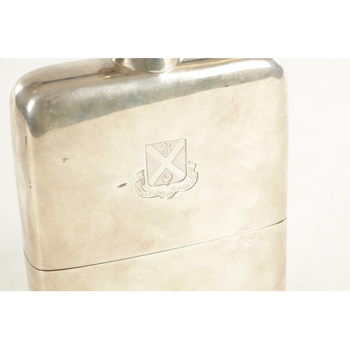 433 - A LARGE GEORGE V SILVER HIP FLASK of plain rectangular slightly bowed form, engraved crest, with twi... 