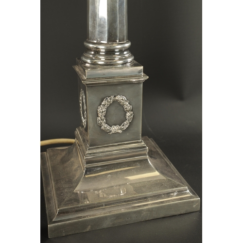 436 - A 19TH CENTURY SILVER-PLATED CORINTHIAN COLUMN TABLE LAMP having square base (54cm high overall)