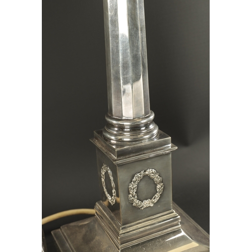 436 - A 19TH CENTURY SILVER-PLATED CORINTHIAN COLUMN TABLE LAMP having square base (54cm high overall)