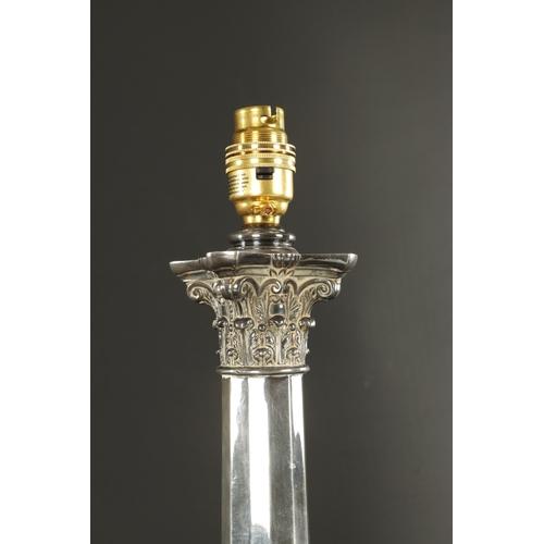 436 - A 19TH CENTURY SILVER-PLATED CORINTHIAN COLUMN TABLE LAMP having square base (54cm high overall)