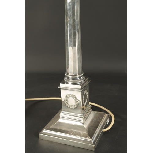 436 - A 19TH CENTURY SILVER-PLATED CORINTHIAN COLUMN TABLE LAMP having square base (54cm high overall)