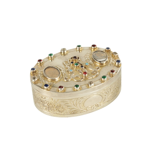 437 - A LATE 19TH CENTURY CONTINENTAL JEWELLED SILVER BOX, of oval form, the box is believed to commemorat... 