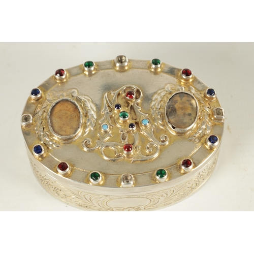 437 - A LATE 19TH CENTURY CONTINENTAL JEWELLED SILVER BOX, of oval form, the box is believed to commemorat... 