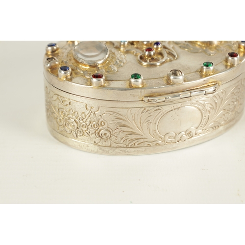 437 - A LATE 19TH CENTURY CONTINENTAL JEWELLED SILVER BOX, of oval form, the box is believed to commemorat... 