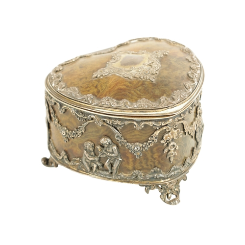 438 - A 19TH CENTURY SILVER AND TORTOISESHELL HEART SHAPED JEWELLERY BOX with classical relief designs - h... 