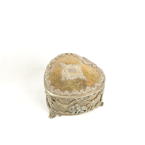 438 - A 19TH CENTURY SILVER AND TORTOISESHELL HEART SHAPED JEWELLERY BOX with classical relief designs - h... 