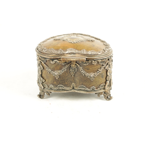 438 - A 19TH CENTURY SILVER AND TORTOISESHELL HEART SHAPED JEWELLERY BOX with classical relief designs - h... 