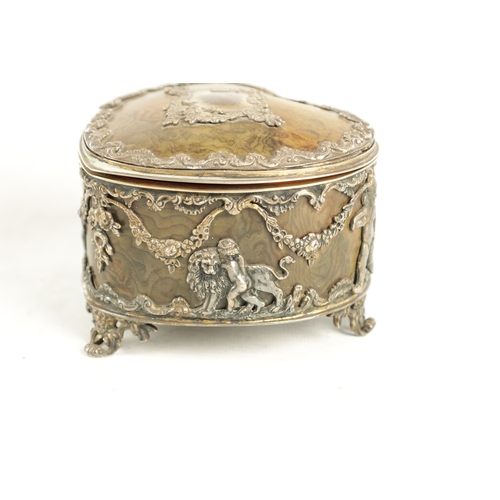 438 - A 19TH CENTURY SILVER AND TORTOISESHELL HEART SHAPED JEWELLERY BOX with classical relief designs - h... 