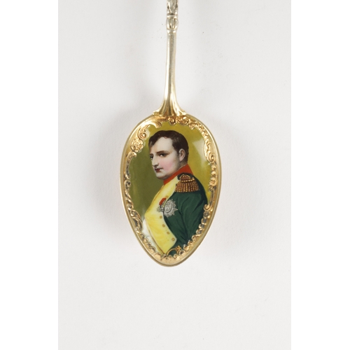 456 - A FRENCH SILVER TEASPOON WITH ENAMEL PORTRAIT OF NAPOLEON with eagle surmount hallmarked 800. (12cm ... 