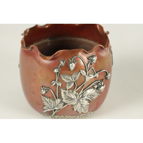 474 - GORHAM CO. SILVER MOUNTED PATINATED COPPER JARDINIERE OF SMALL SIZE the rounded body with crimped ri... 