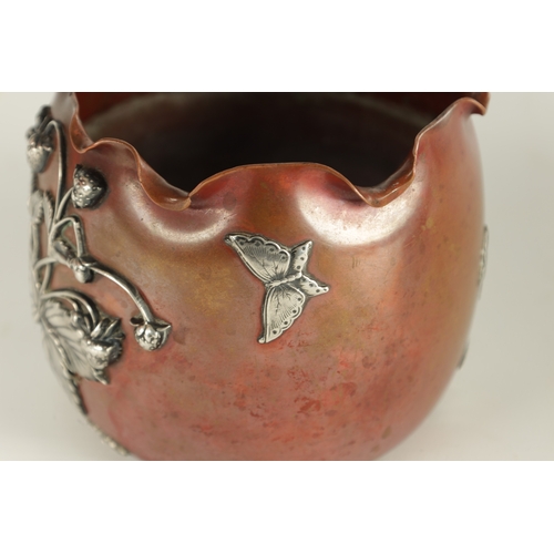 474 - GORHAM CO. SILVER MOUNTED PATINATED COPPER JARDINIERE OF SMALL SIZE the rounded body with crimped ri... 