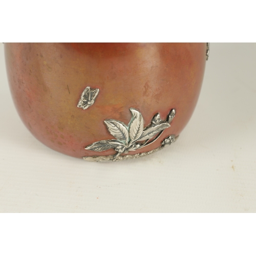 474 - GORHAM CO. SILVER MOUNTED PATINATED COPPER JARDINIERE OF SMALL SIZE the rounded body with crimped ri... 