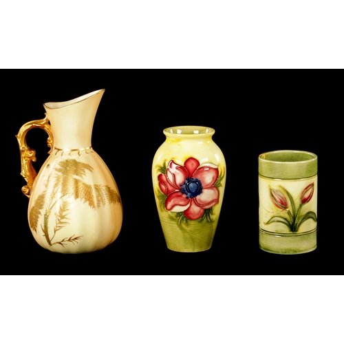 48 - TWO MOORCROFT VASES AND A BLUSH IVORY ROYAL WORCESTER JUG (14cm high and smaller )