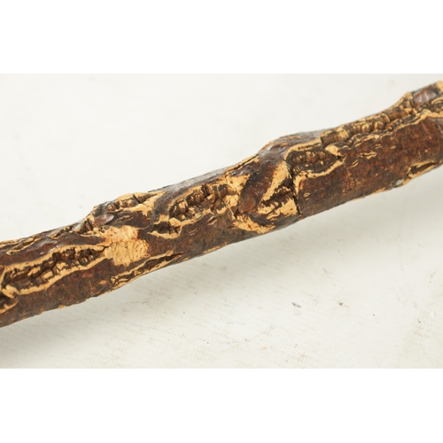 490 - AN UNUSUAL 20TH CENTURY LARGE CARVED ROOT WOOD AND CORK WALKING STICK modelled as a frog seated on l... 