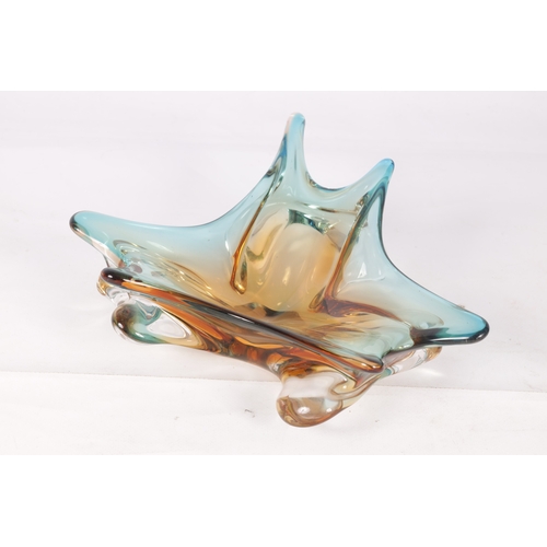 5 - A 1960S AMBER AND PALE BLUE SHADED CLEAR SHALLOW GLASS DISH of random shaped and pointed form. (28.c... 