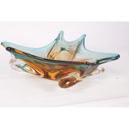 5 - A 1960S AMBER AND PALE BLUE SHADED CLEAR SHALLOW GLASS DISH of random shaped and pointed form. (28.c... 