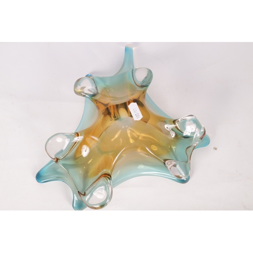 5 - A 1960S AMBER AND PALE BLUE SHADED CLEAR SHALLOW GLASS DISH of random shaped and pointed form. (28.c... 