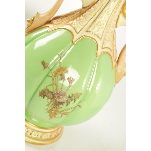 50 - A FINE AND UNUSUAL PAIR OF ROYAL WORCESTER CABINET VASES the sage green lobed panelled bodies finely... 