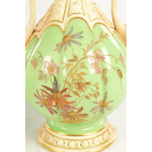 50 - A FINE AND UNUSUAL PAIR OF ROYAL WORCESTER CABINET VASES the sage green lobed panelled bodies finely... 