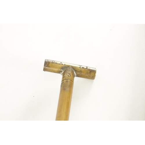 503 - A VINTAGE BRASS GRAIN PROBE WALKING STICK with a twisting handle engraved with initials D.A. & T.I. ... 