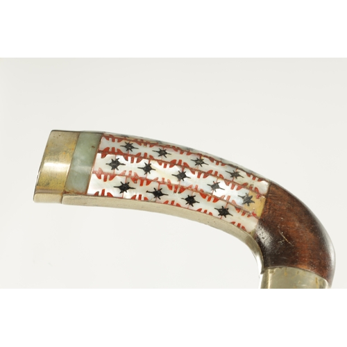 506 - A LARGE LARGE 19TH CENTURY MOTHER OF PEARL INLAID AND SILVER MOUNTED WALKING STICK having silver col... 