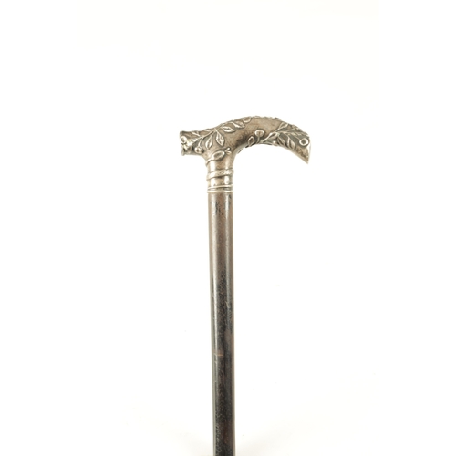 508 - A LATE 19TH CENTURY FRENCH SILVER TOPPED WALKING STICK with leaf and snake moulded top above an ebon... 