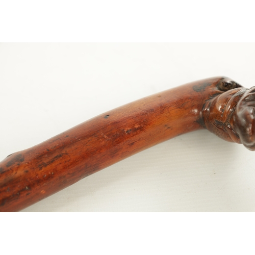 509 - AN EARLY 19TH CENTURY FOLK ART CARVED WALKING STICK the stained branch work shaft with a carved man'... 