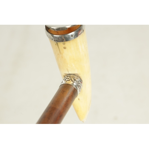 510 - A LATE 19TH CENTURY AMERICAN WHALE TOOTH WALKING STICK with silver mounted Whale's tooth snuff holde... 