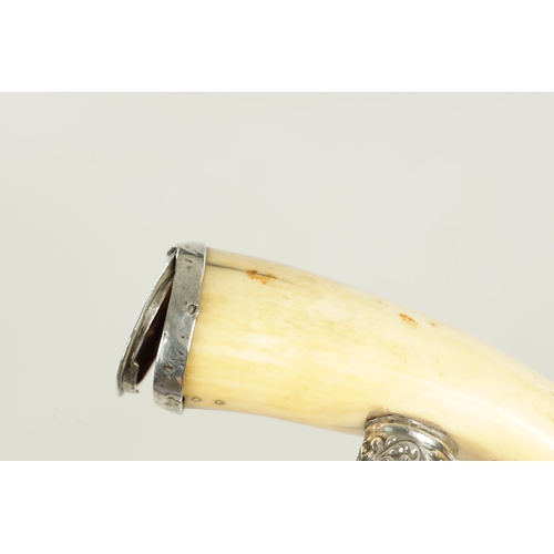 510 - A LATE 19TH CENTURY AMERICAN WHALE TOOTH WALKING STICK with silver mounted Whale's tooth snuff holde... 